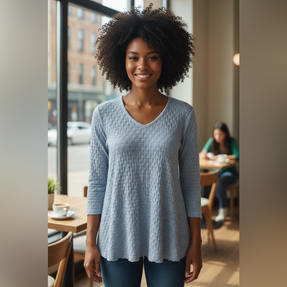 CMC Light Blue and White knit V-neck top , women’s size Medium. Soft to touch